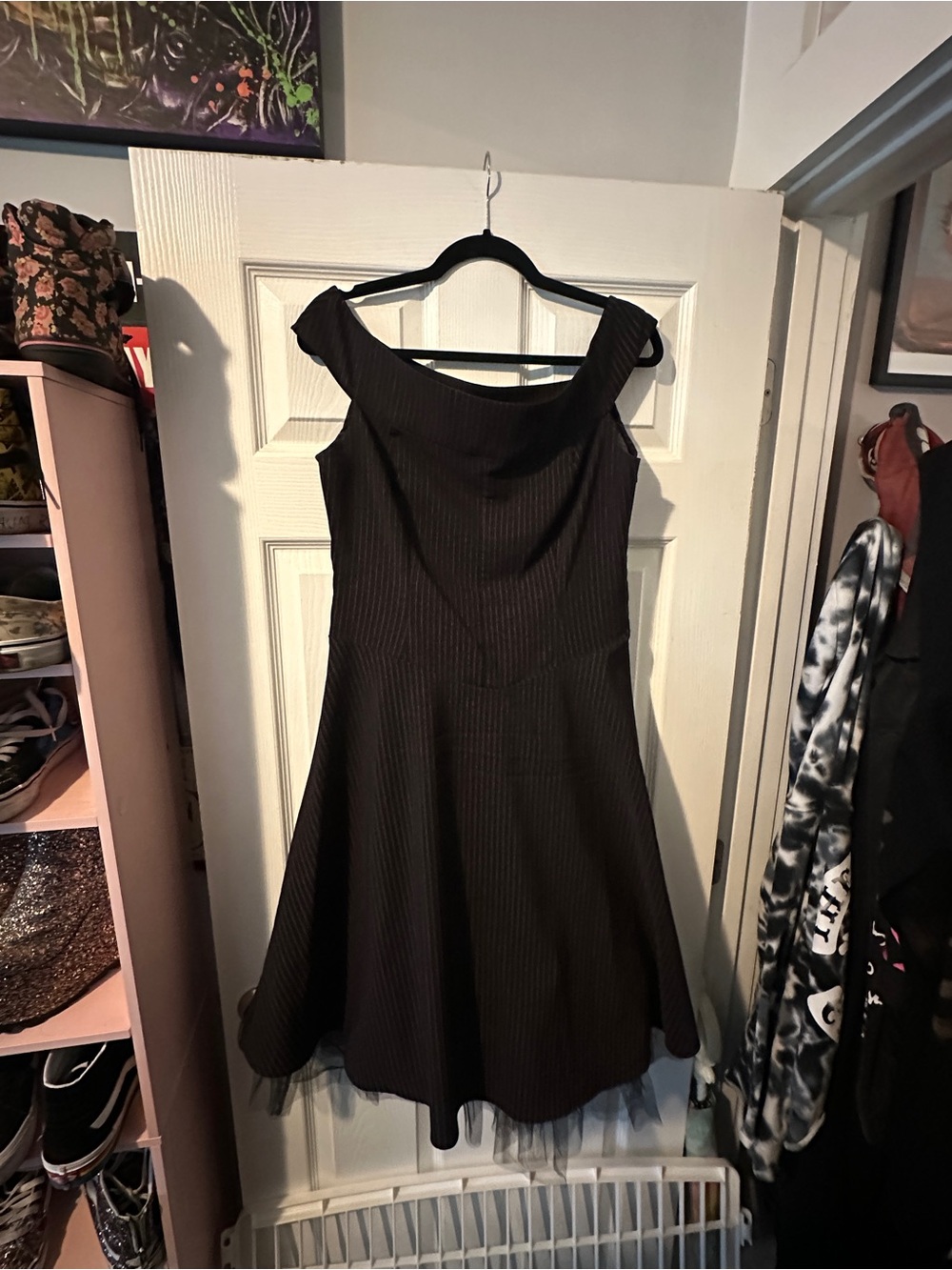 Vintage Y2K Morbid Threads Off the Shoulder Classic Black Fit-and-Flare Dress